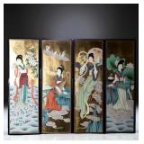 Vintage Chinese Style Gold Leaf Lacquer Panels, Set of 4 Maidens