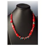 Bella Linda Red Coral Turquoise Sterling Silver Necklace 24" 79.69g
