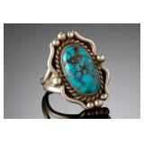 Navajo Sterling Silver Turquoise Ring Signed LD Native American Jewelry Size 7.25