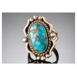 Navajo Sterling Silver Turquoise Ring Signed LD Native American Jewelry Size 7.25