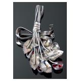 Vintage Hobe Sterling Silver Floral Bouquet Brooch Pin, Red Rhinestones