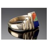 Southwestern Sterling Silver Multi-Stone Inlay Ring | Spiny Oyster, Lapis | Sz 5.75
