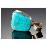 Large Vintage Turquoise Cabochon Sterling Silver Pendant Southwestern Style