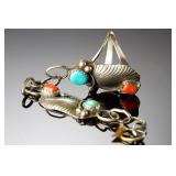 Navajo Sterling Silver Turquoise Coral Leaf Ring SZ 7 Native American AS-IS