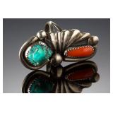 Navajo Native American Sterling Silver Turquoise Coral Ring SZ 5.25