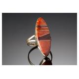Native American Sterling Silver Spiny Oyster Inlay Ring - Signed G, Sz 7