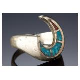 Vintage Native American Turquoise Coral Chip Inlay Sterling Silver Ring Sz 7.25