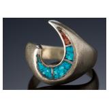 Vintage Native American Turquoise Coral Chip Inlay Sterling Silver RING Sz 7.25