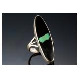 Vintage Native American Sterling Silver Turquoise Inlay Long Oval Ring Size 6.25