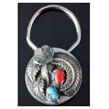 Navajo Style Turquoise Coral Leaf Floral Native American Silver Keychain