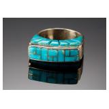 Native American Turquoise Inlay Sterling Silver Ring Sz 7.5 M H Signed