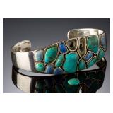 AS-IS Sterling Silver Turquoise Lapis Lazuli Inlaid Mosaic Cuff Bracelet 925