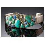 AS-IS Sterling Silver Turquoise Lapis Lazuli Inlaid Mosaic Cuff Bracelet 925