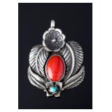 Navajo Sterling Silver Coral Turquoise Flower Leaf Pendant Signed ST