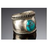Southwestern Sterling Silver Turquoise Wide Band Ring, Size 8.5, Marked 925