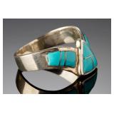 Native American Sterling Silver Turquoise Channel Inlay Ring Sz 9 Signed LD