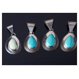 Lot of 4 Sterling Silver Turquoise Teardrop Pendants Native American Style