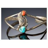 Vintage Navajo Sterling Silver Turquoise Coral Cuff Bracelet Native American