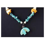 Native American Turquoise Chip & Carved Bear Fetish Necklace, 26in