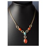 Monet Vintage Gold-Tone Turquoise Coral Cabochon Y-Drop Costume Necklace