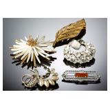 Lot of 5 Vintage Costume Jewelry Brooches Pins | Rhinestone, Pearl, Enamel