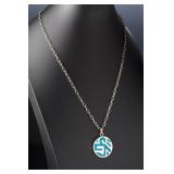 Vintage Mexico Alpaca Turquoise Chip Inlay Medallion Necklace 23.5" - 22.06g