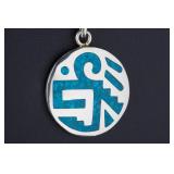 Vintage Mexico Alpaca Turquoise Chip Inlay Medallion Necklace 23.5" - 22.06g