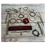 Large Lot Vintage Costume Jewelry Bracelets, Approx 30 Pcs, Bangles, Rhinestones