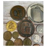 Unsearched Mixed Lot of Vintage Foreign Coins, Novelty Tokens & Commemorative Medals