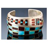 Heavy Zuni Multistone Inlay Sterling Silver Cuff Bracelet Signed MD