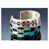 Heavy Zuni Multistone Inlay Sterling Silver Cuff Bracelet Signed MD