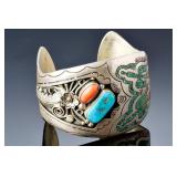 Vintage Navajo Sterling Silver Peyote Bird Turquoise Coral Chip Inlay Cuff