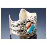 Vintage Navajo Sterling Silver Peyote Bird Turquoise Coral Chip Inlay Cuff