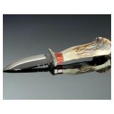 Dean Kell Custom Carved Bear Stag Handle Fixed Blade Hunting Knife w/ Sheath