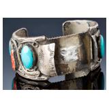 Vintage Navajo Sterling Silver Turquoise Coral Watch Cuff Bracelet 108g