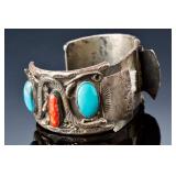 Vintage Navajo Sterling Silver Turquoise Coral Watch Cuff Bracelet 108g