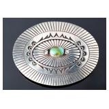Vintage Navajo Charlie John (CJ) Sterling Silver Turquoise Hand Stamped Belt Buckle