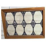Antique Leaded Glass Panel w/ Cast Iron Grille in Wood Frame, 29.5x21in