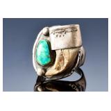 Vintage Native American Turquoise Bear Claw Sterling Silver Ring, Size 13