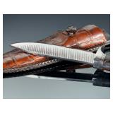 Custom Hunting Knife w/ Unique Textured Blade, Exotic Wood Handle & Alligator Sheath