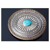 Signed M Navajo Sterling Silver & Turquoise Conch Belt Buckle Native American