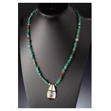 Southwestern Native American Turquoise Inlay Necklace, MOP Pendant