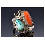 Vintage Navajo Sterling Silver Turquoise Coral Ring Size 6, 12.04g