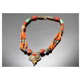 Vintage Handmade Coral Turquoise Beaded Necklace Ethnic Tribal Style 18" 47.47g
