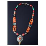 Vintage Handmade Coral Turquoise Beaded Necklace Ethnic Tribal Style 18" 47.47g