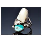 Vintage NAVAJO L PLATERO Silver Turquoise MOP Ring Native American SZ 7.5