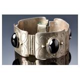 Vintage Mexican Sterling Silver & Onyx Hinged Panel Bracelet, 7in, 55.43g