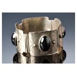 Vintage Mexican Sterling Silver & Onyx Hinged Panel Bracelet, 7in, 55.43g