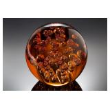 Large Heavy Amber Glass Controlled Bubble Orb Sculpture Paperweight