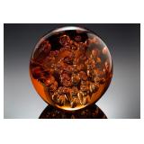 Large Heavy Amber Glass Controlled Bubble Orb Sculpture Paperweight